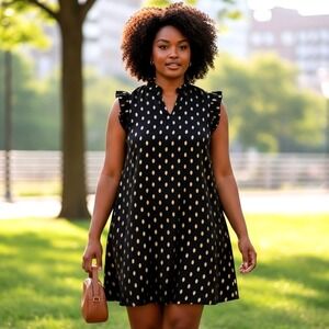 Black Gold Foil Teardrop Ruffle Sleeve Shift Dress Split Neck 1XL Holiday Party